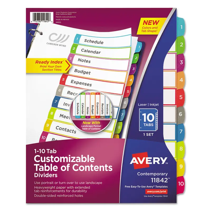 Avery Customizable TOC Ready Index Multicolor Tab Dividers, 10-Tab, 1 to 10, 11 x 8.5, White, Contemporary Color Tabs, 1 Set (AVE11842) Set of 10