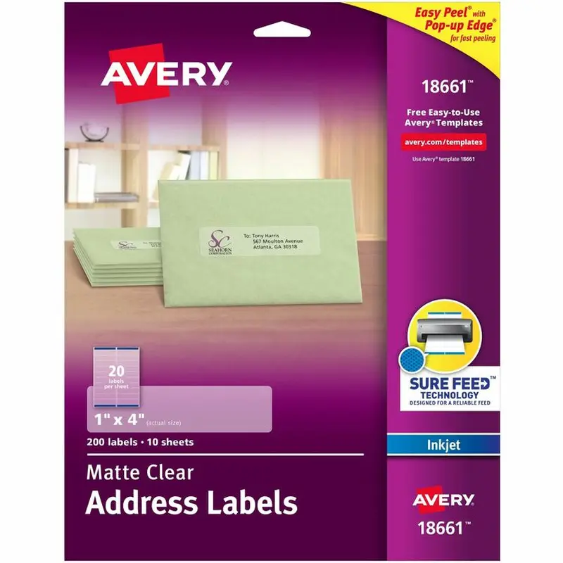 Avery Easy Peel Mailing Labels for Inkjet Printers, 1"x4", Clear, 200 per Pack (AVE18661) Box of 200