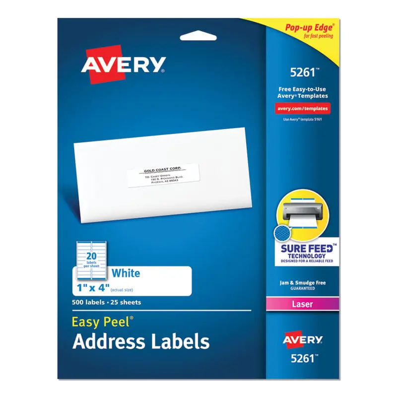 Avery Easy Peel White Address Labels w/ Sure Feed Technology, Laser Printers, 1 x 4, White, 20/Sheet, 25 Sheets/Pack (AVE5261) Pack of 500