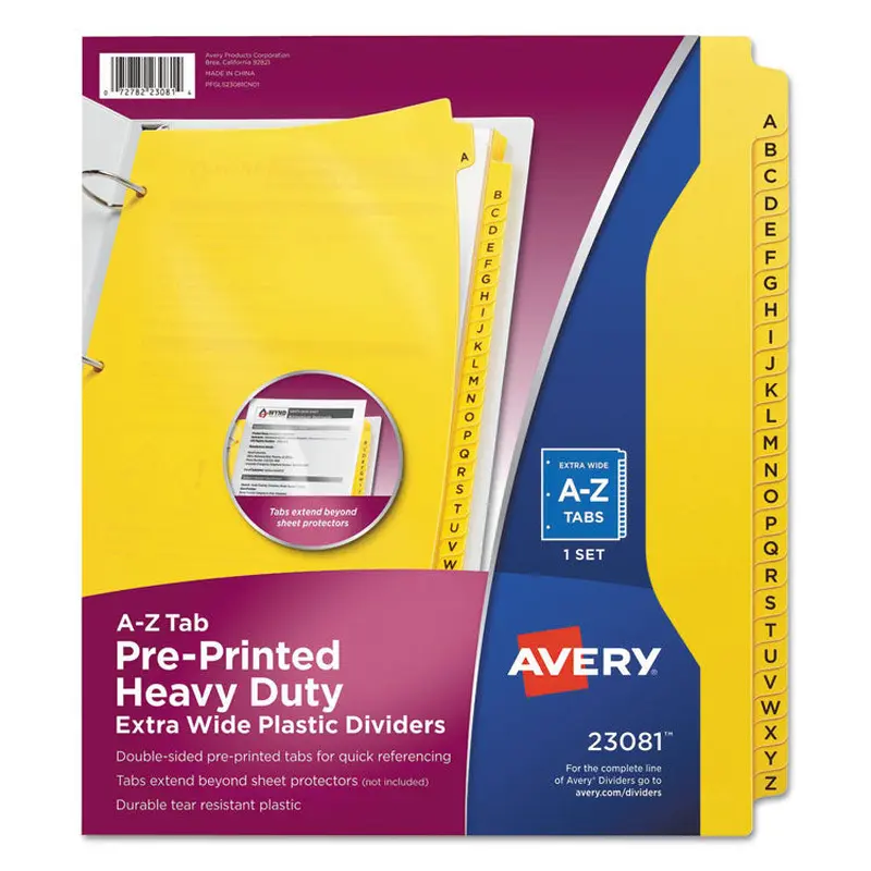 Avery Heavy-Duty Preprinted Plastic Tab Dividers, 26-Tab, A to Z, 11 x 9, Yellow, 1 Set (AVE23081) Pack of 26