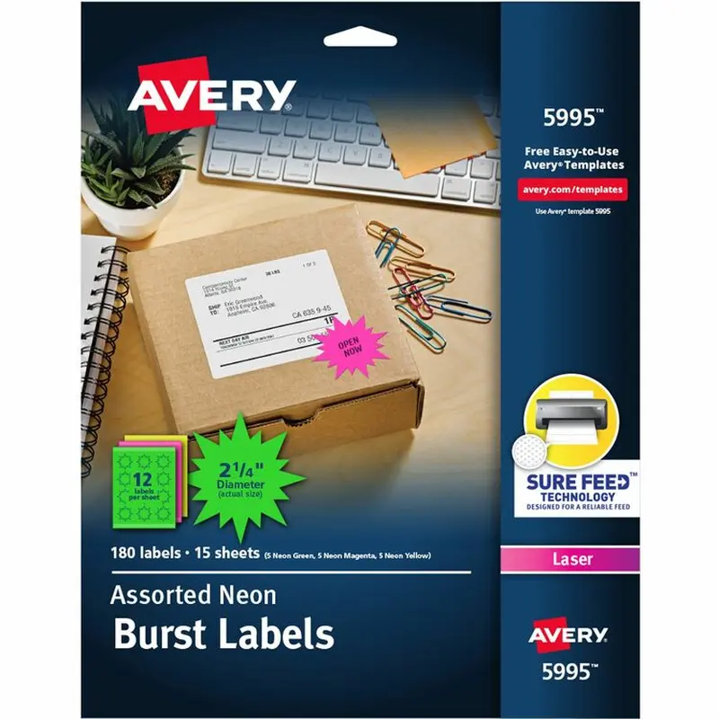 Avery® Fluorescent Burst Laser Labels, 2 1/4" meter, 180 per Pack (AVE5995) Pack of 180