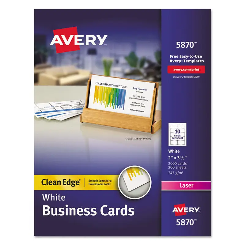 Avery Clean Edge Business Card Value Pack, Laser, 2 x 3.5, White, 2,000 Cards, 10 Cards/Sheet, 200 Sheets/Box (AVE5870) Box of 2000