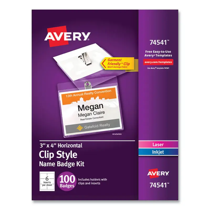 Avery Clip-Style Name Badge Holder with Laser/Inkjet Insert, Top Load, 4 x 3, White, 100/Box (AVE74541) Box of 100