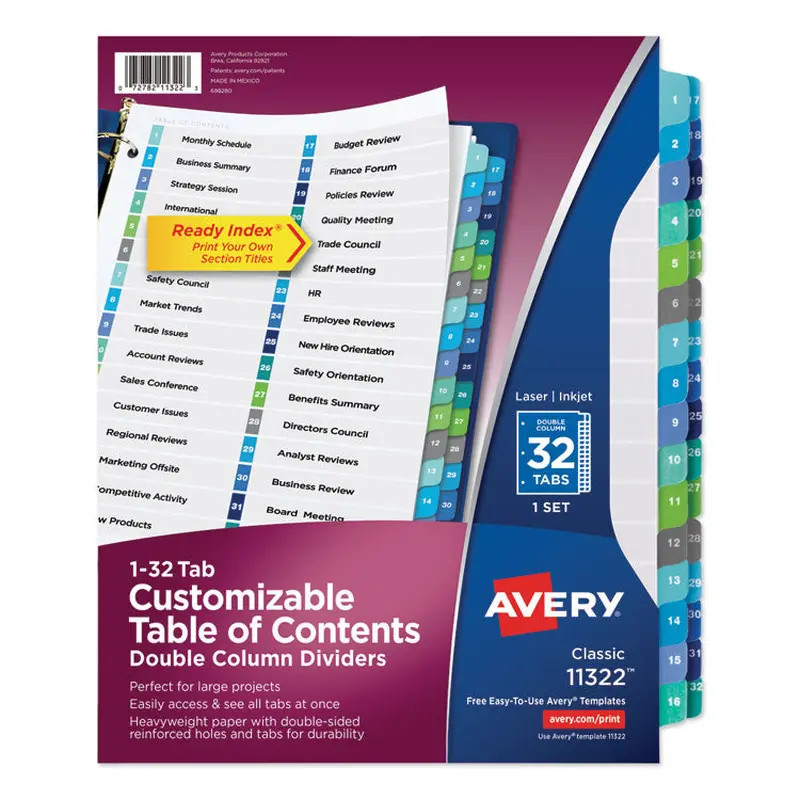 Avery Customizable TOC Ready Index Double Column Multicolor Tab Dividers, 32-Tab, 1 to 32, 11 x 8.5, White, 1 Set (AVE11322) Each