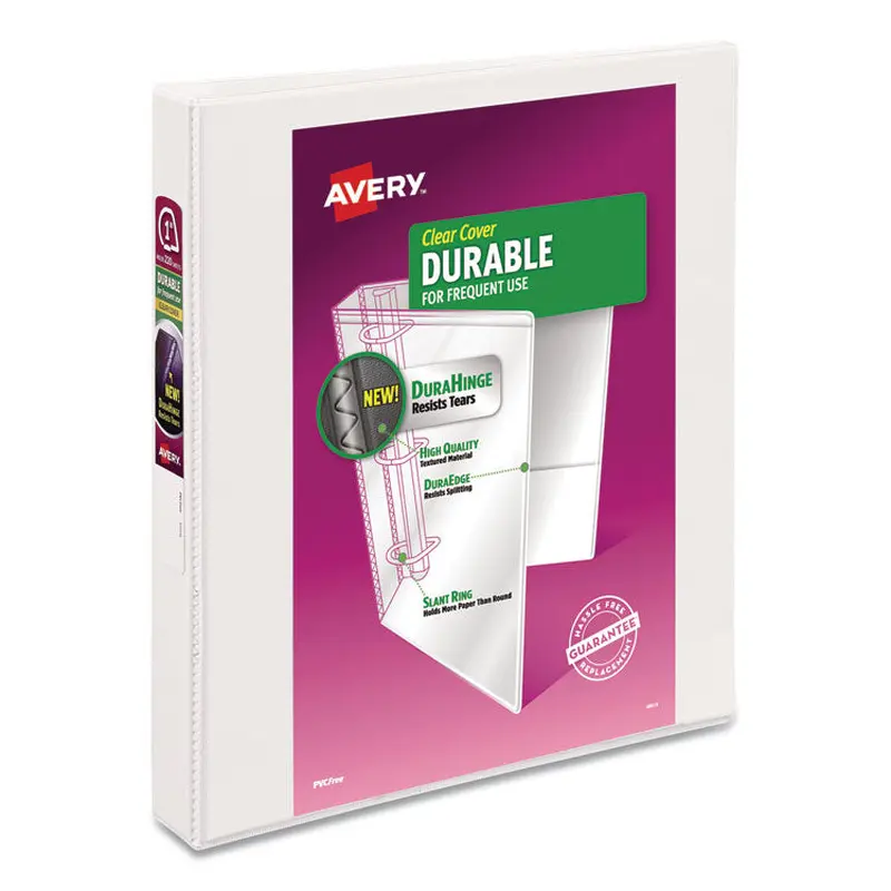 Avery Durable View Binder with DuraHinge and Slant Rings, 3 Rings, 1" Capacity, 11 x 8.5, White, 4/Pack (AVE17575) Pack of 4