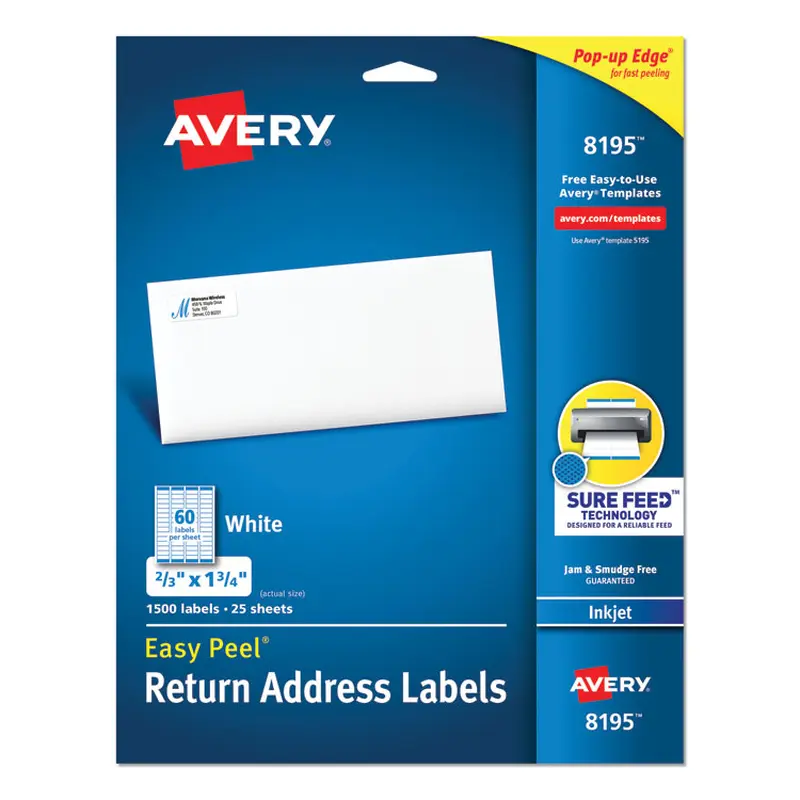 Avery Easy Peel White Address Labels w/ Sure Feed Technology, Inkjet Printers, 0.66 x 1.75, White, 60/Sheet, 25 Sheets/Pack (AVE8195) Pack of 1500