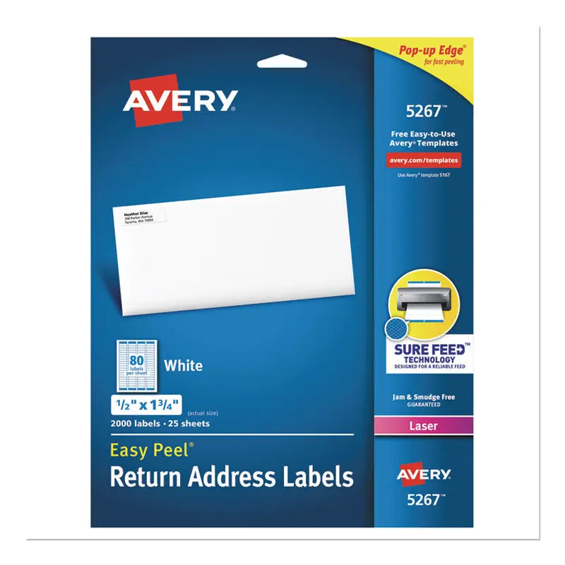 Avery Easy Peel White Address Labels w/ Sure Feed Technology, Laser Printers, 0.5 x 1.75, White, 80/Sheet, 25 Sheets/Pack (AVE5267) Pack of 2000