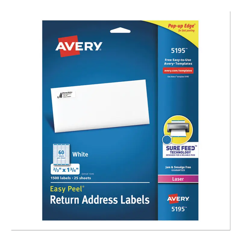 Avery Easy Peel White Address Labels w/ Sure Feed Technology, Laser Printers, 0.66 x 1.75, White, 60/Sheet, 25 Sheets/Pack (AVE5195) Pack of 1500