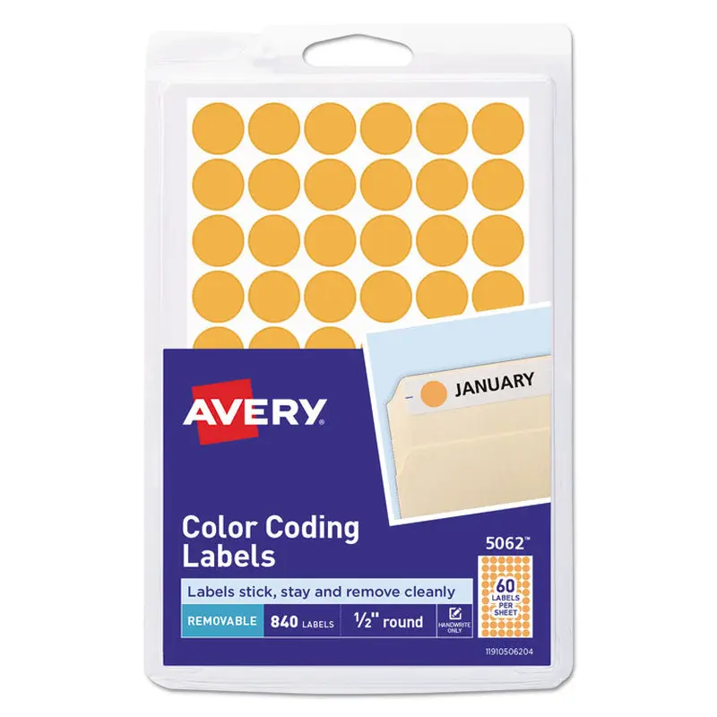 Avery Handwrite Only Self-Adhesive Removable Round Color-Coding Labels, 0.5" dia, Neon Orange, 60/Sheet, 14 Sheets/Pack, (5062) (AVE05062) Pack of 800