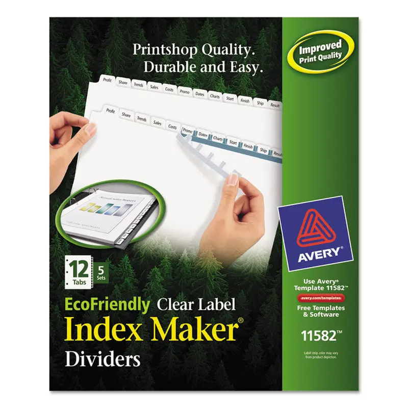 Avery Index Maker EcoFriendly Print and Apply Clear Label Dividers with White Tabs, 12-Tab, 11 x 8.5, White, 5 Sets (AVE11582) Pack of 5