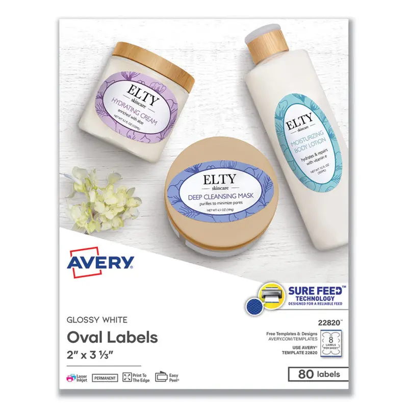 Avery Oval Labels w/ Sure Feed and Easy Peel, 2 x 3.33, Glossy White, 80/Pack (AVE22820) Pack of 80