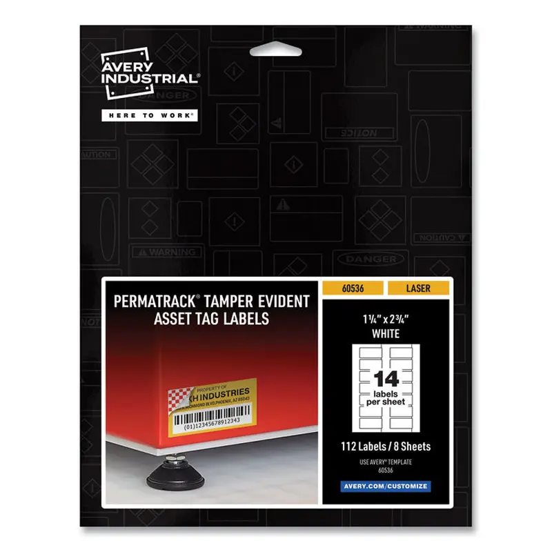 Avery PermaTrack Tamper-Evident Asset Tag Labels, Laser Printers, 1.25 x 2.75, White, 14/Sheet, 8 Sheets/Pack (AVE60536) Pack of 112