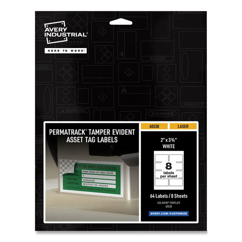 Avery PermaTrack Tamper-Evident Asset Tag Labels, Laser Printers, 2 x 3.75, White, 8/Sheet, 8 Sheets/Pack (AVE60538) Pack of 64
