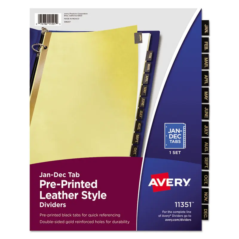 Avery Preprinted Black Leather Tab Dividers w/Gold Reinforced Edge, 12-Tab, Jan. to Dec., 11 x 8.5, Buff, 1 Set (AVE11351) Set of 12