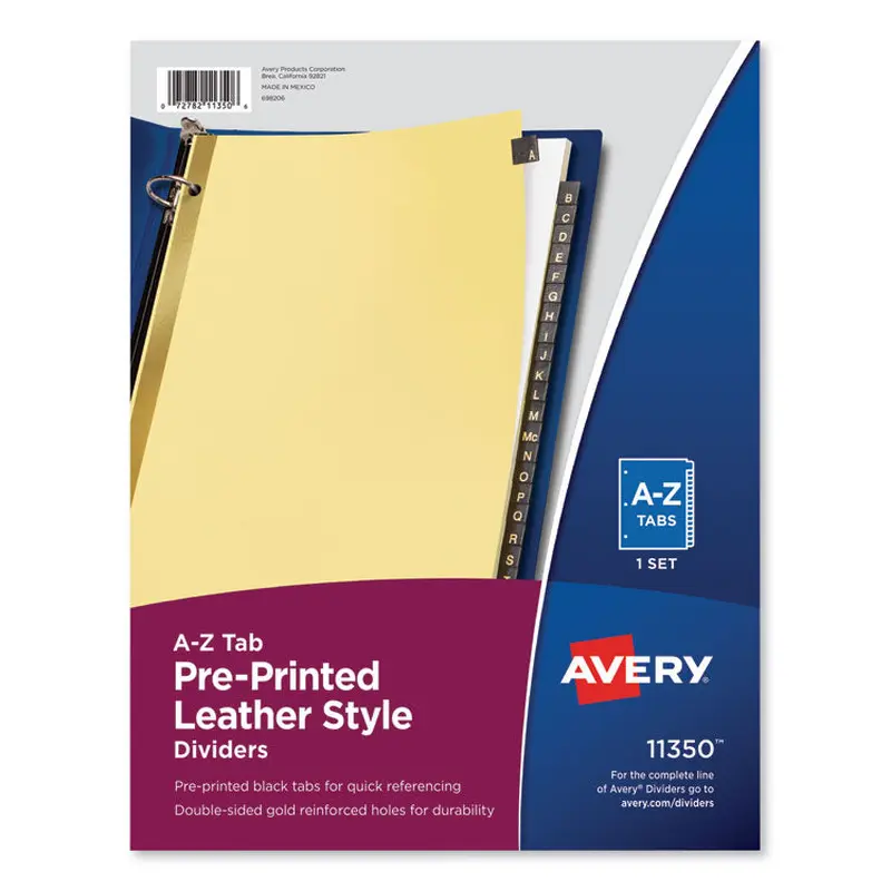 Avery Preprinted Black Leather Tab Dividers w/Gold Reinforced Edge, 25-Tab, A to Z, 11 x 8.5, Buff, 1 Set (AVE11350) Set of 25