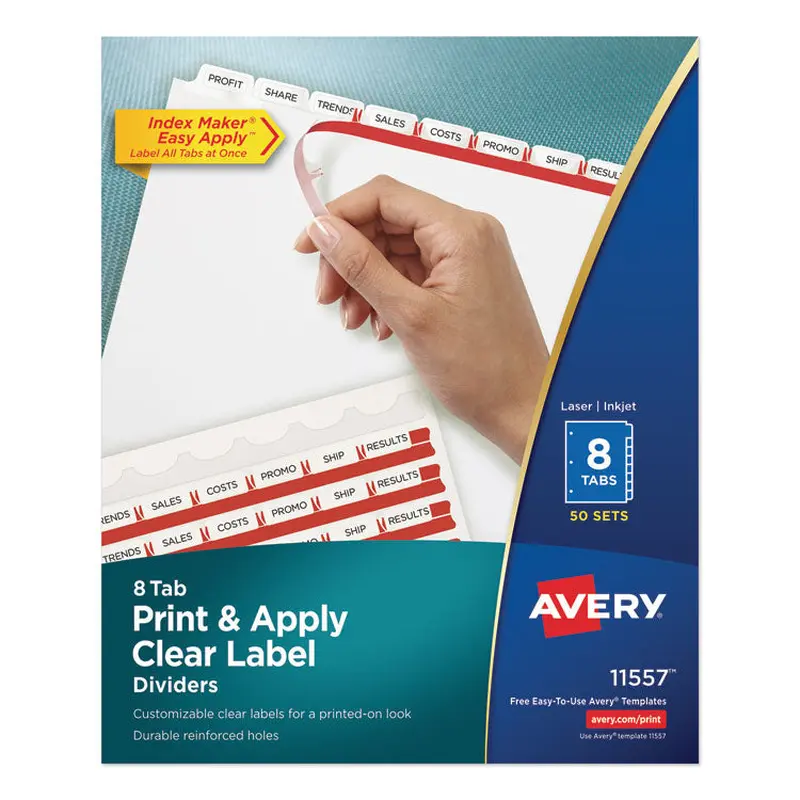 Avery Print and Apply Index Maker Clear Label Dividers, 8-Tab, 11 x 8.5, White, 50 Sets (AVE11557) 50 Sets of 8