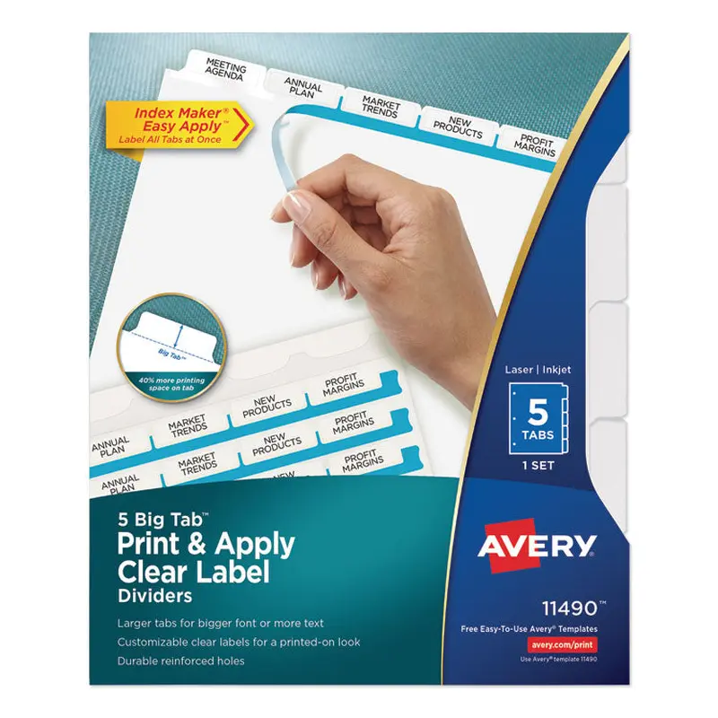 Avery Print and Apply Index Maker Clear Label Dividers, Big Tab, 5-Tab, White Tabs, 11 x 8.5, White, 1 Set (AVE11490) Pack of 5