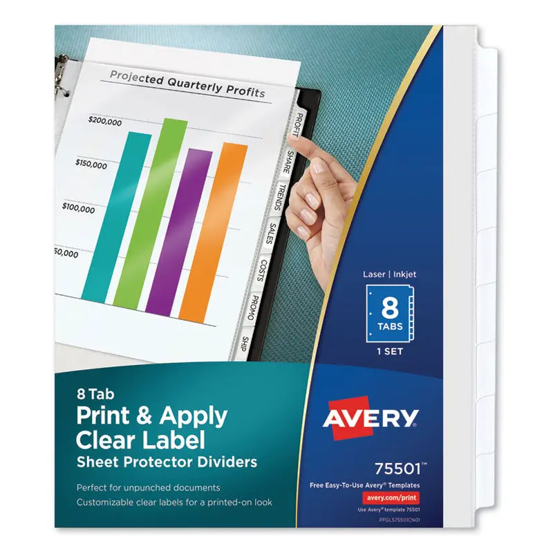 Avery Print and Apply Index Maker Clear Label Sheet Protector Dividers with White Tabs, 8-Tab, 11 x 8.5, Clear, 1 Set (AVE75501) Set of 8