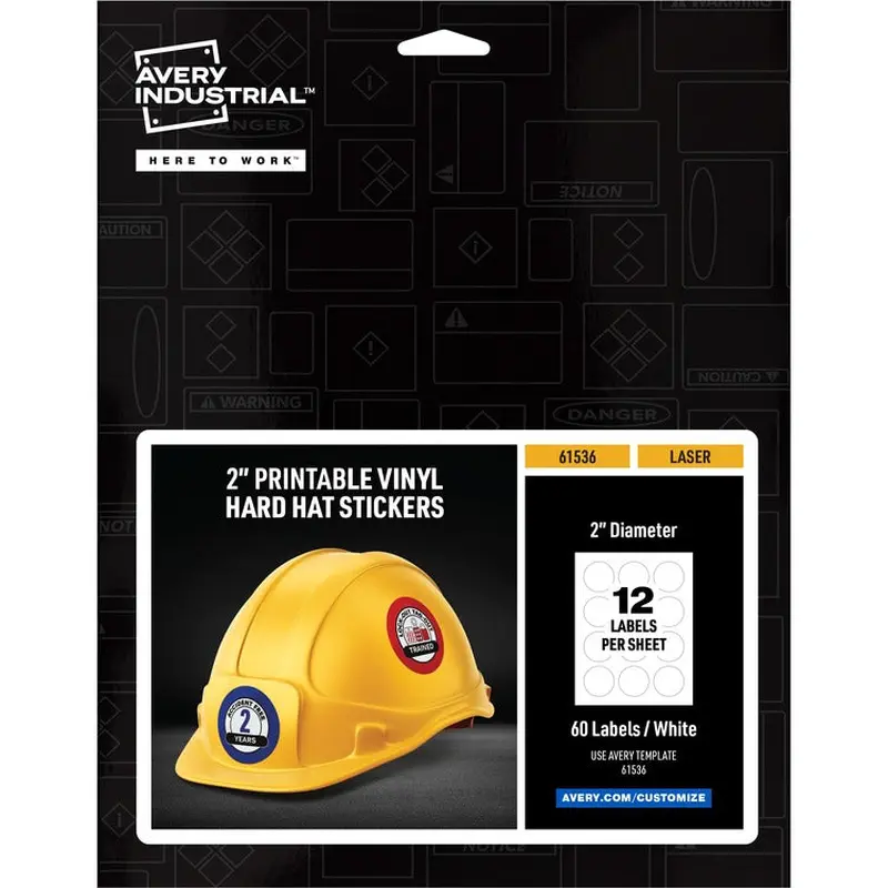 Avery® Printable Hard Hat/Helmet Vinyl Stickers - Round Shape - Full-Bleed Design - 2" Diameter - White - Vinyl (AVE61536) Pack of 60