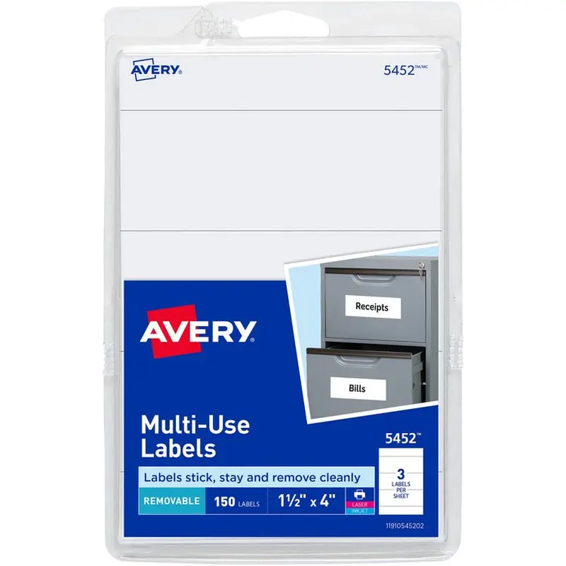 Avery® Self Adhesive White Removable Labels, Rectangular, 1 1/2"x4", 150 per Pack (AVE05452) Pack of 150