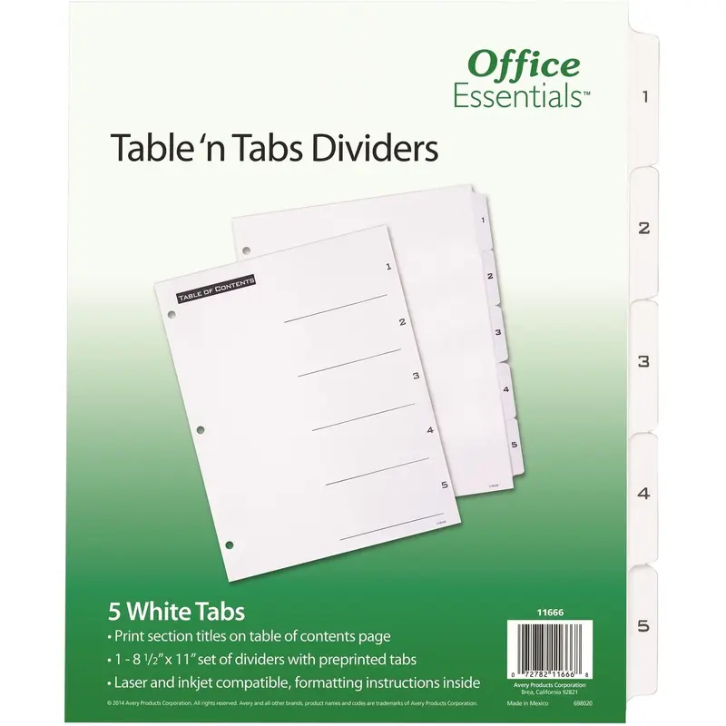 Avery® Table 'n Tabs Dividers, 5-Tab, 1 to 5, 11 x 8.5, White, 1 Set (AVE11666) Each