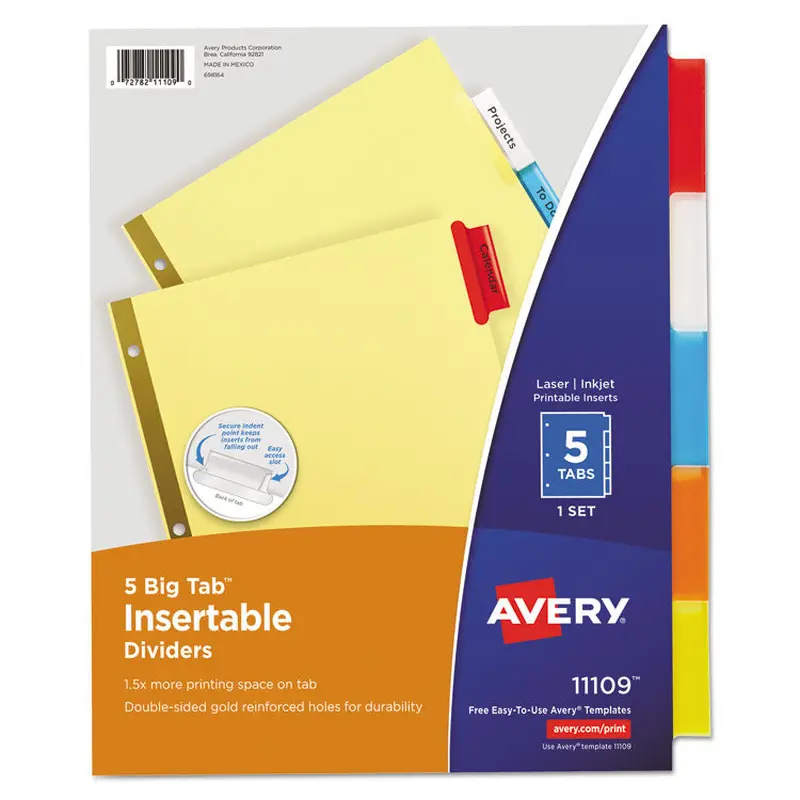 Avery Insertable Big Tab Dividers, 5-Tab, Double-Sided Gold Edge Reinforcing, 11 x 8.5, Buff, Assorted Tabs, 1 Set (AVE11109) Set of 5