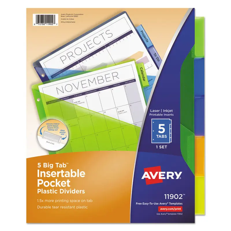 Avery Insertable Big Tab Plastic 1-Pocket Dividers, 5-Tab, 11.13 x 9.25, Assorted, 1 Set (AVE11902) Set of 5