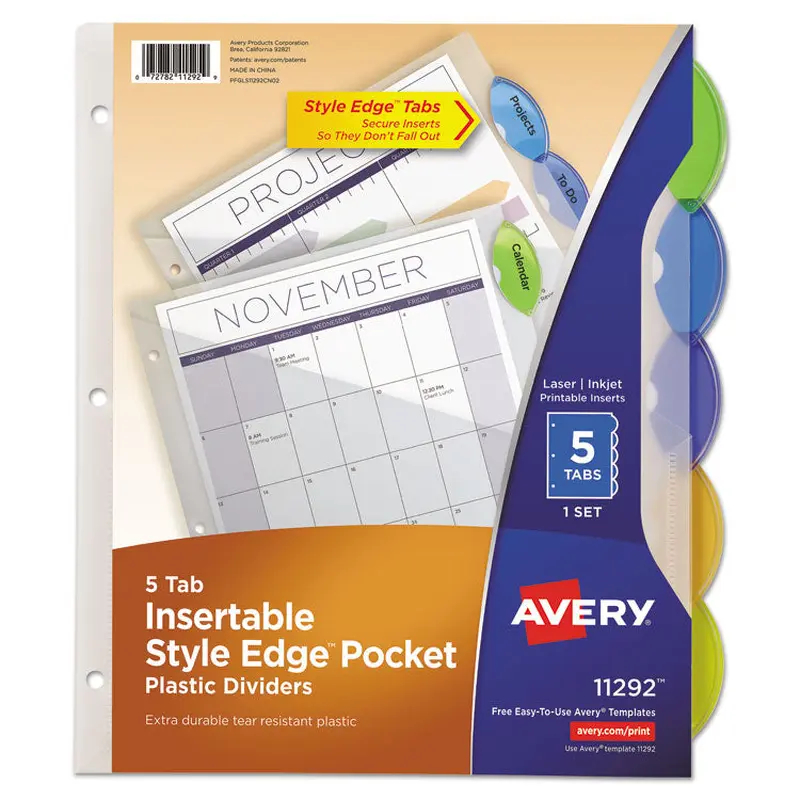 Avery Insertable Style Edge Tab Plastic 1-Pocket Dividers, 5-Tab, 11.25 x 9.25, Translucent, 1 Set (AVE11292) Set of 5