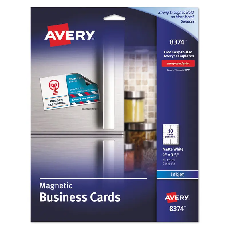 Avery Magnetic Business Cards, Inkjet, 2 x 3.5, White, 30 Cards, 10 Cards/Sheet, 3 Sheets/Pack (AVE8374) Pack of 30