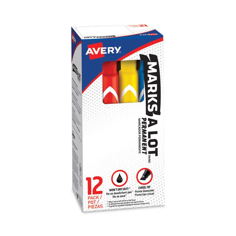 Avery MARKS A LOT Large Desk-Style Permanent Marker, Broad Chisel Tip, Assorted Colors, 12/Set (24800) (AVE24800) Set of 12