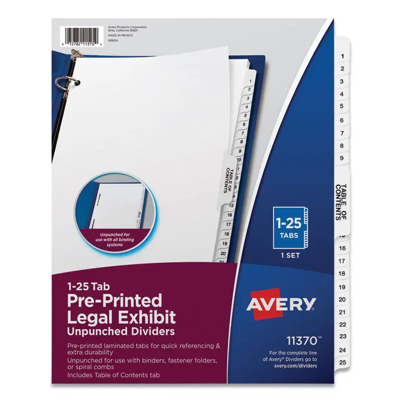 Avery Preprinted Legal Exhibit Side Tab Index Dividers, Avery Style, 25-Tab, 1 to 25, 11 x 8.5, White, 1 Set (AVE11370) Set of 26