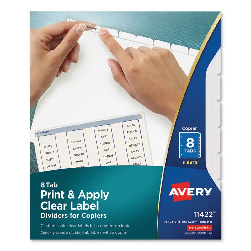 Avery Print and Apply Index Maker Clear Label Dividers, Copiers, 8-Tab, 11 x 8.5, White, 5 Sets (AVE11422) 5 Sets of 8