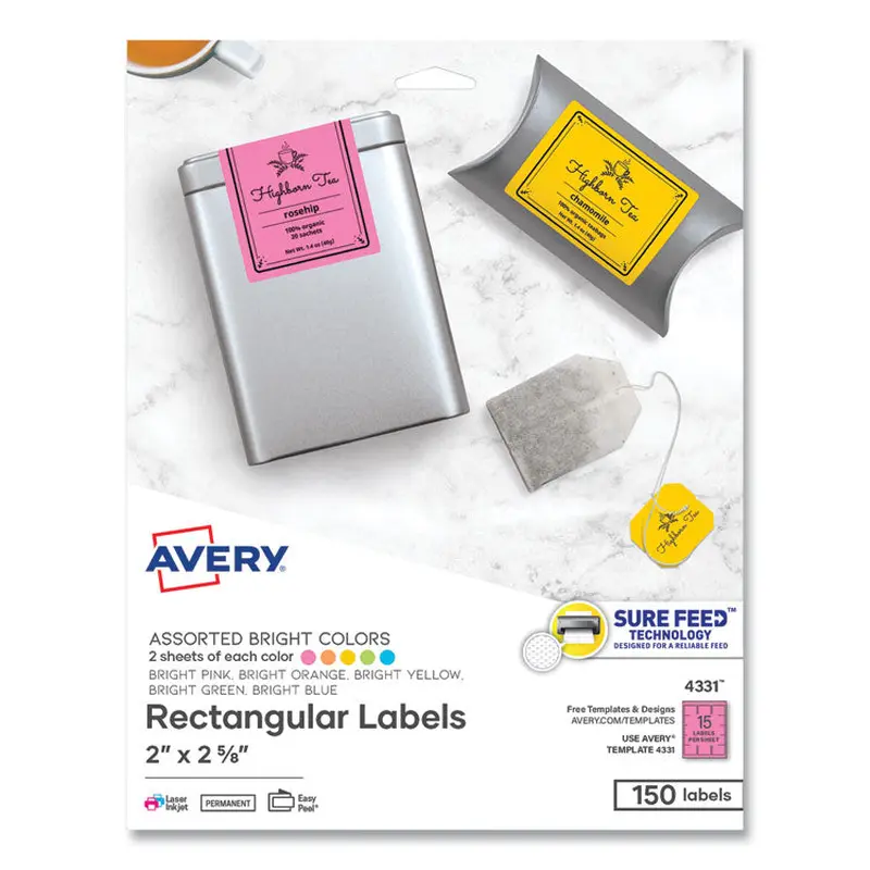 Avery Printable Color Labels with Sure Feed and Easy Peel, 2 x 2.63, Assorted Colors, 15/Sheet, 10 Sheets/Pack (AVE4331) Pack of 150
