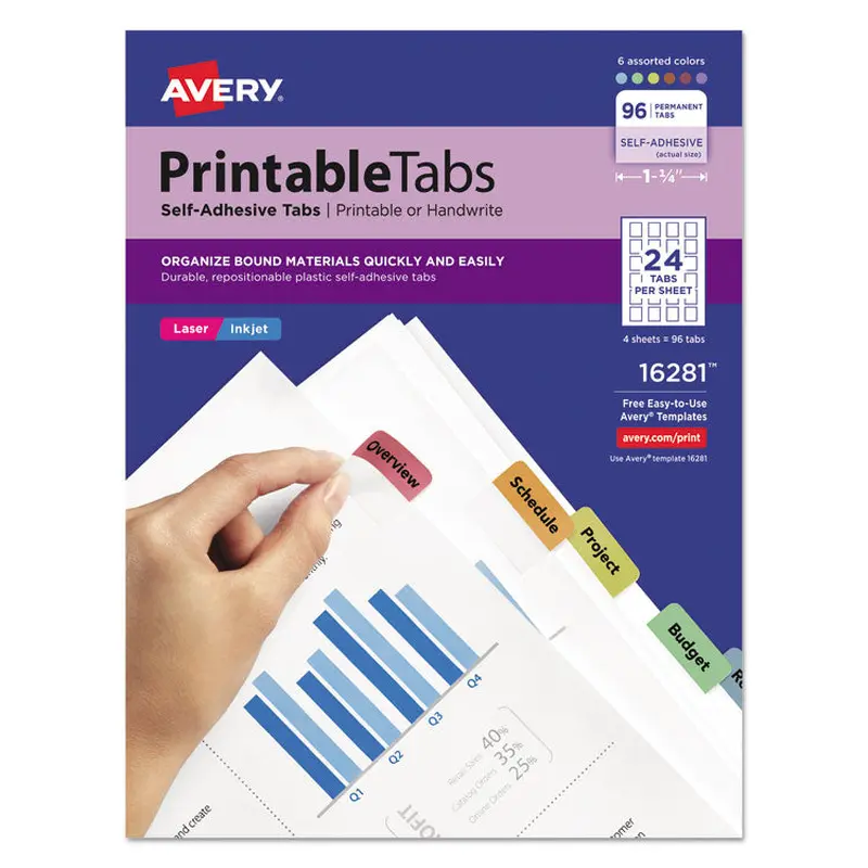 Avery Printable Plastic Tabs with Repositionable Adhesive, 1/5-Cut, Assorted Colors, 1.25" Wide, 96/Pack (AVE16281) Pack of 96