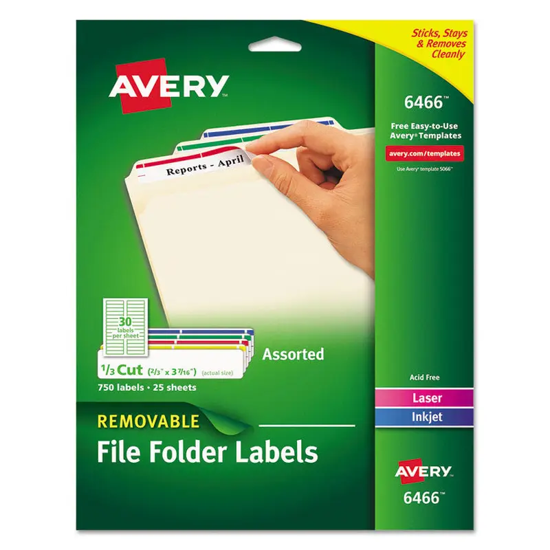 Avery Removable File Folder Labels with Sure Feed Technology, 0.66 x 3.44, White, 30/Sheet, 25 Sheets/Pack (AVE6466) Pack of 750