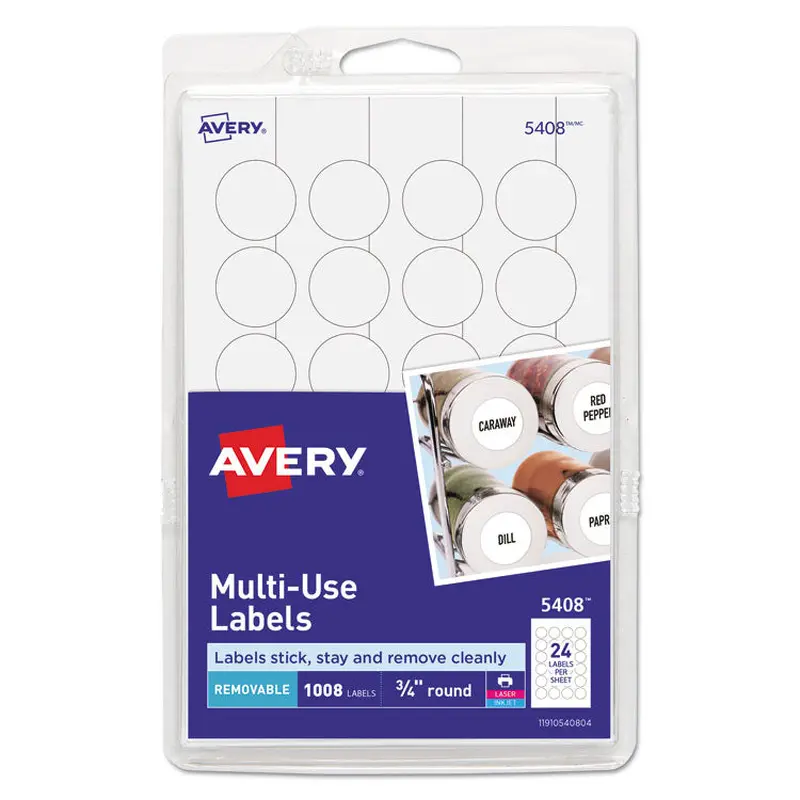 Avery Removable Multi-Use Labels, Inkjet/Laser Printers, 0.75" dia, White, 24/Sheet, 42 Sheets/Pack, (5408) (AVE05408) Pack of 1008