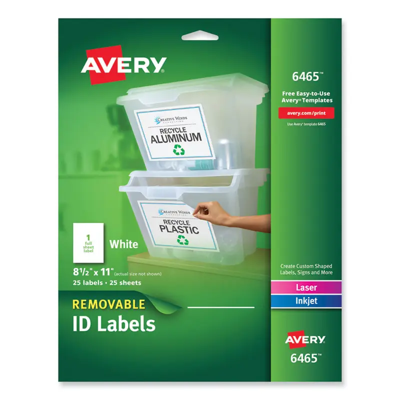 Avery Removable Multi-Use Labels, Inkjet/Laser Printers, 8.5 x 11, White, 25/Pack (AVE6465) Box of 25