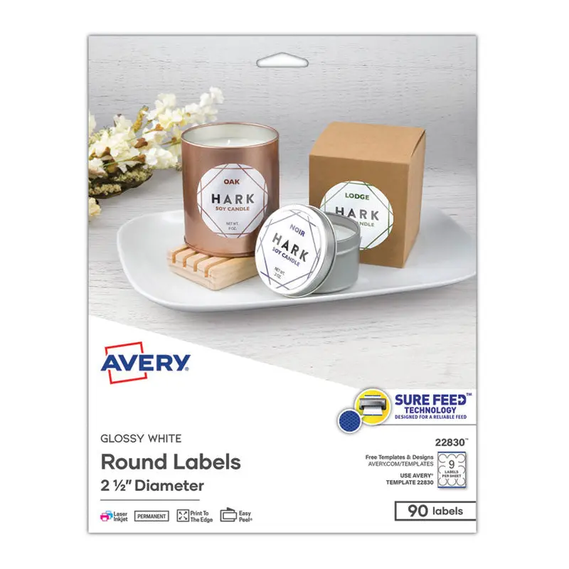 Avery Round Print-to-the Edge Labels with SureFeed, 2.5" dia, Glossy White, 90/PK (AVE22830) Pack of 90