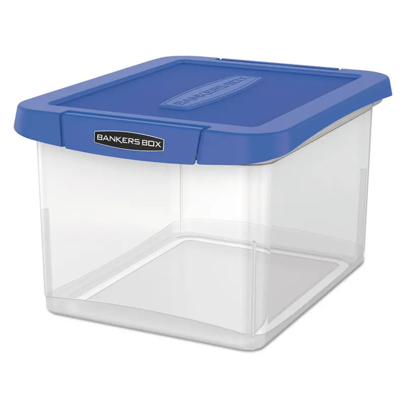 Bankers Box Heavy Duty Plastic File Storage, Letter/Legal Files, 14" x 17.38" x 10.5", Clear/Blue (FEL0086201) Each