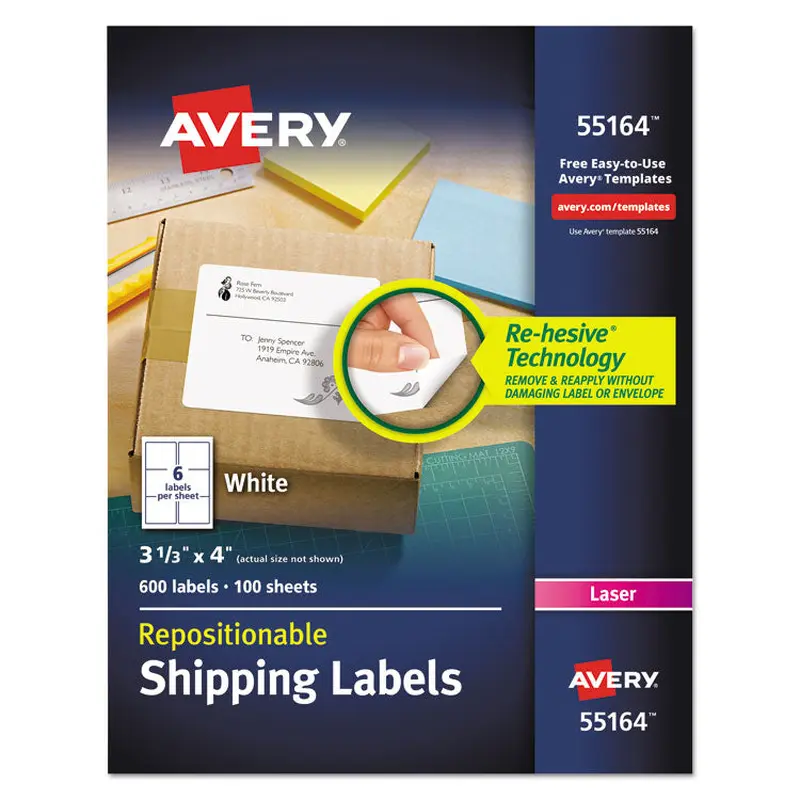 Avery Repositionable Shipping Labels w/SureFeed, Laser, 3.33 x 4, White, 600/Box (AVE55164) Box of 600