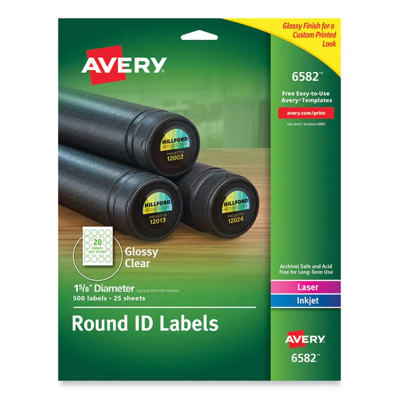 Avery Round Print-to-the Edge Labels with SureFeed and EasyPeel, 1.67" dia, Glossy Clear, 500/PK (AVE6582) Pack of 500