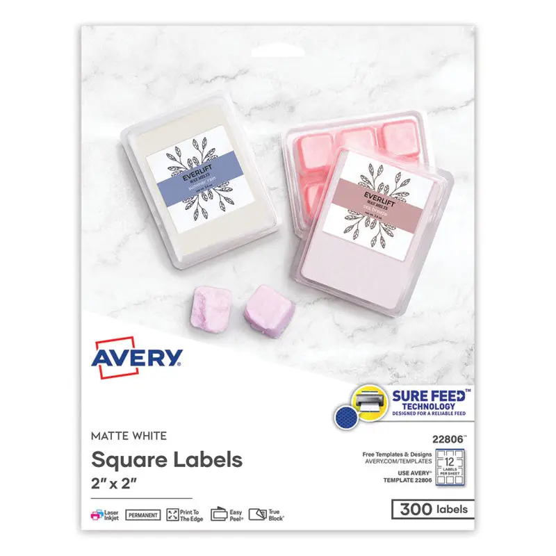 Avery Square Labels with Sure Feed and TrueBlock, 2 x 2, White, 300/Pack (AVE22806) Pack of 300