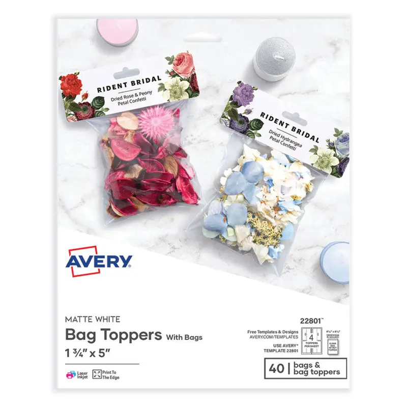 Avery Sure Feed Printable Toppers with Bags, 1.75 x 5, White, 40/Pack (AVE22801) 40 Bags