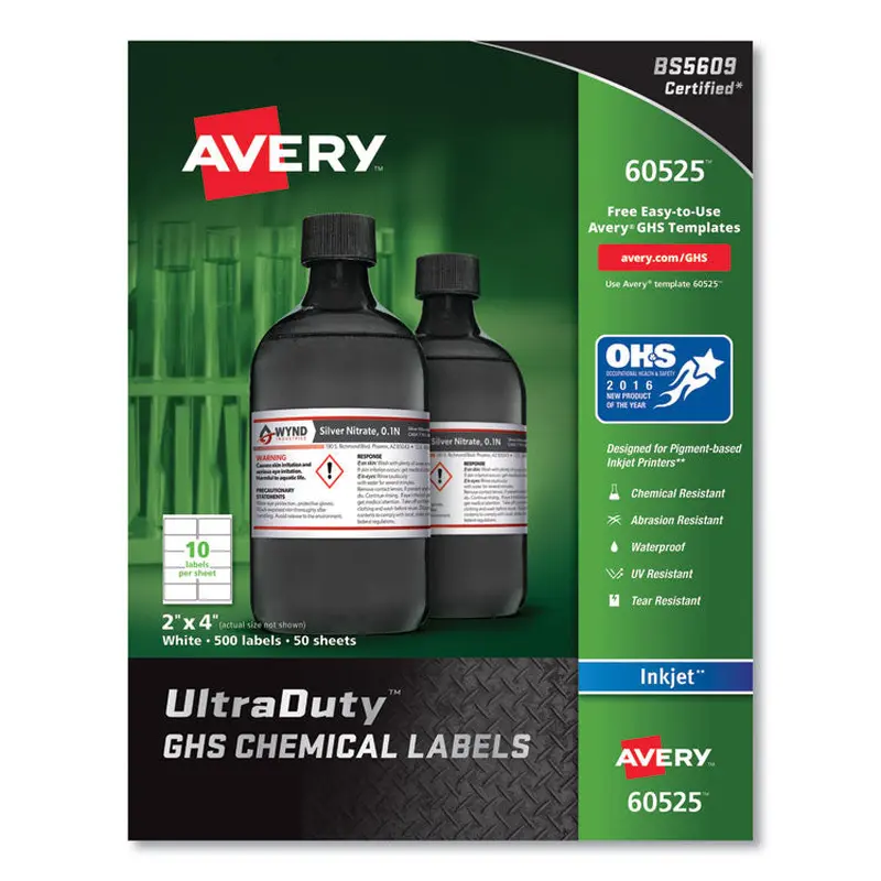 Avery UltraDuty GHS Chemical Waterproof and UV Resistant Labels, 2 x 4, White, 10/Sheet, 50 Sheets/Pack (AVE60525) Box of 500