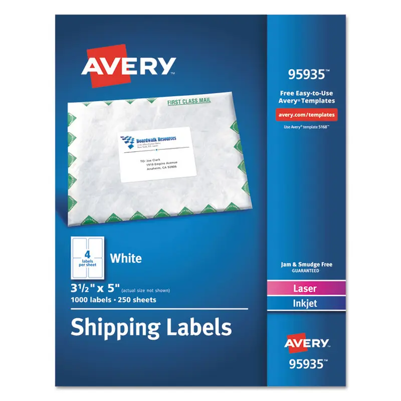 Avery White Shipping Labels-Bulk Packs, Inkjet/Laser Printers, 3.5 x 5, White, 4/Sheet, 250 Sheets/Box (AVE95935) Box of 1000