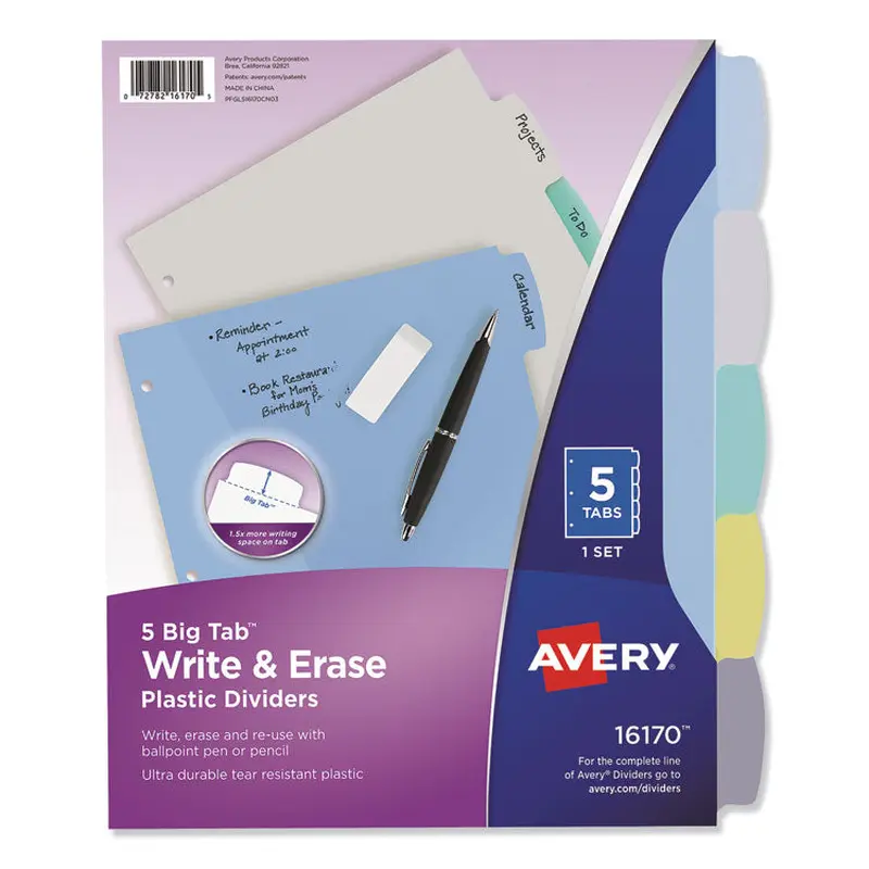 Avery Write and Erase Big Tab Durable Plastic Dividers, 3-Hole Punched, 5-Tab, 11 x 8.5, Assorted, 1 Set (AVE16170) Set of 5