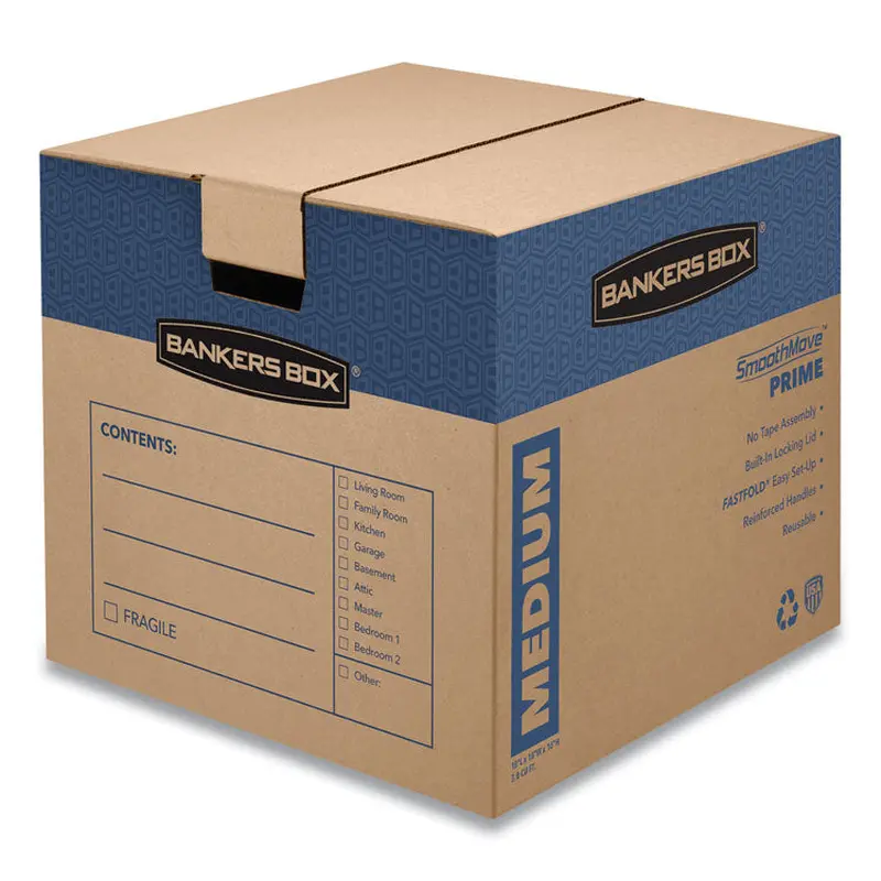 Bankers Box SmoothMove Prime Moving/Storage Boxes, Hinged Lid, Regular Slotted Container, Medium, 18" x 18" x 16", Brown/Blue, 8/Carton (FEL0062801) Case of 8