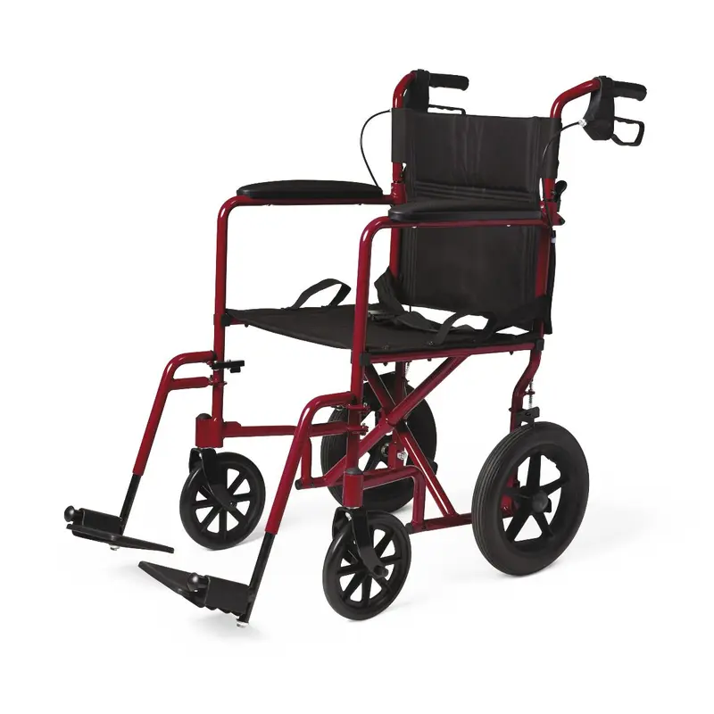 Basic Aluminum Transport Chair with Permanent Full-Length Arms, Swing-Away Footrests and 12" Wheels, Red, 1/CS (MDS808210ARE) Case of 1
