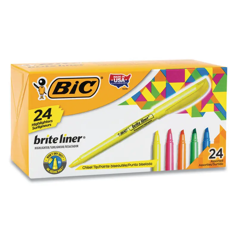 BIC Brite Liner Highlighter Value Pack, Assorted Ink Colors, Chisel Tip, Assorted Barrel Colors, 24/Set (BICBL241AST) Pack of 24