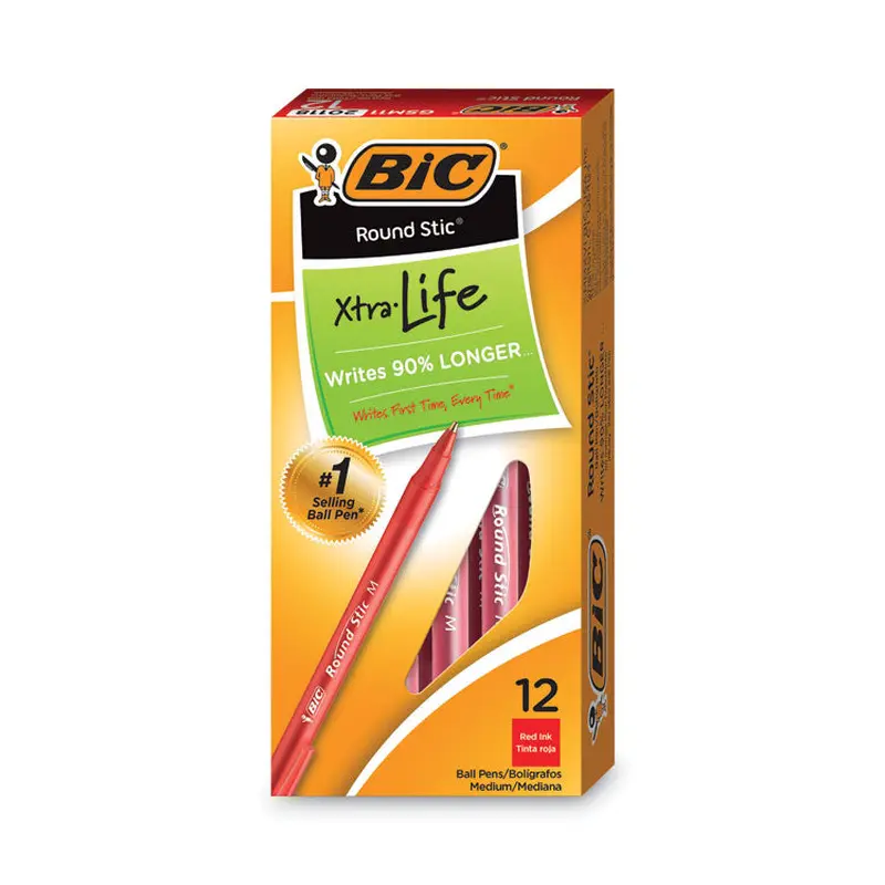 BIC Round Stic Xtra Life Ballpoint Pen, Stick, Medium 1 mm, Red Ink, Translucent Red Barrel, Dozen (BICGSM11RD) 1 Dozen
